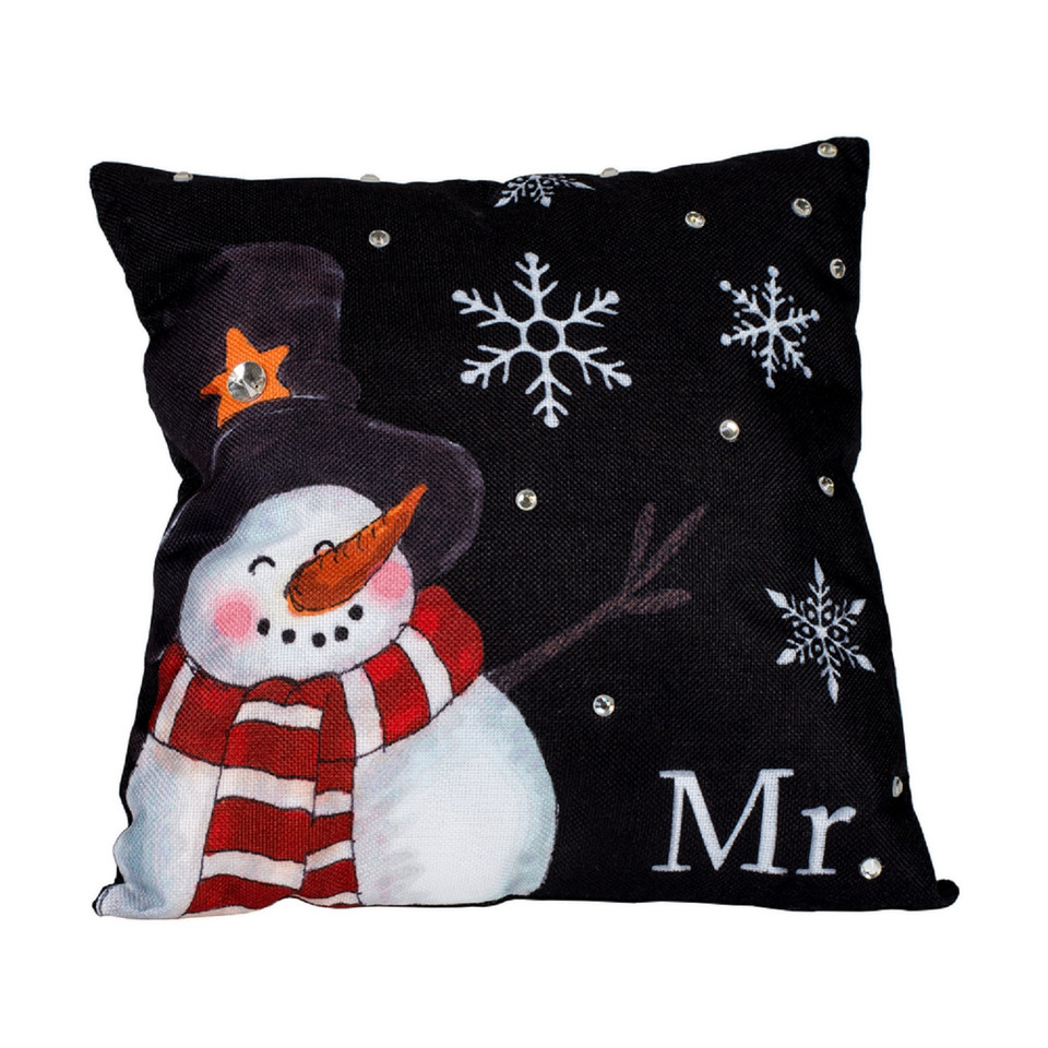 13” Black Sequined "Mr." Snowman Square Christmas Throw Pillow